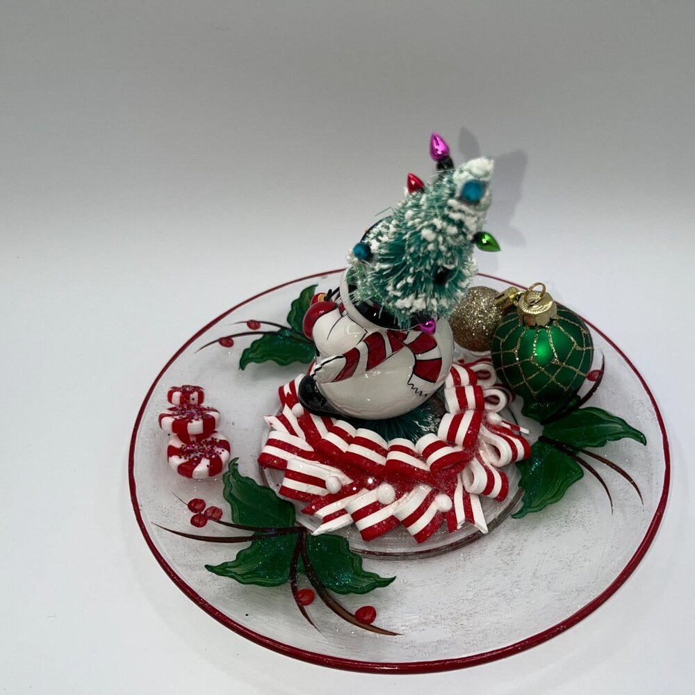 Vintage Ceramic Snowman With Bottle Brush Tree String Light Hat Candy Cane OOAK - Picture 6 of 16